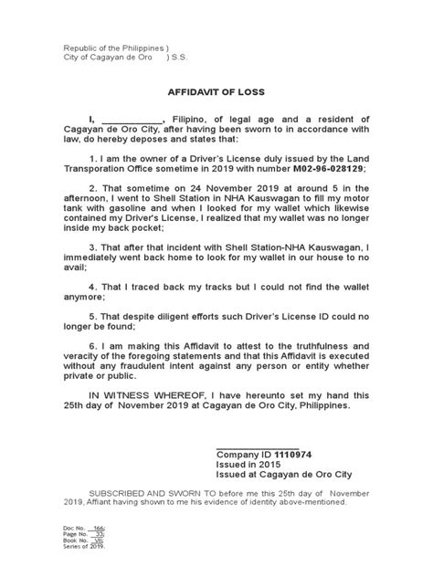 Affidavit of Loss LTO Sample .